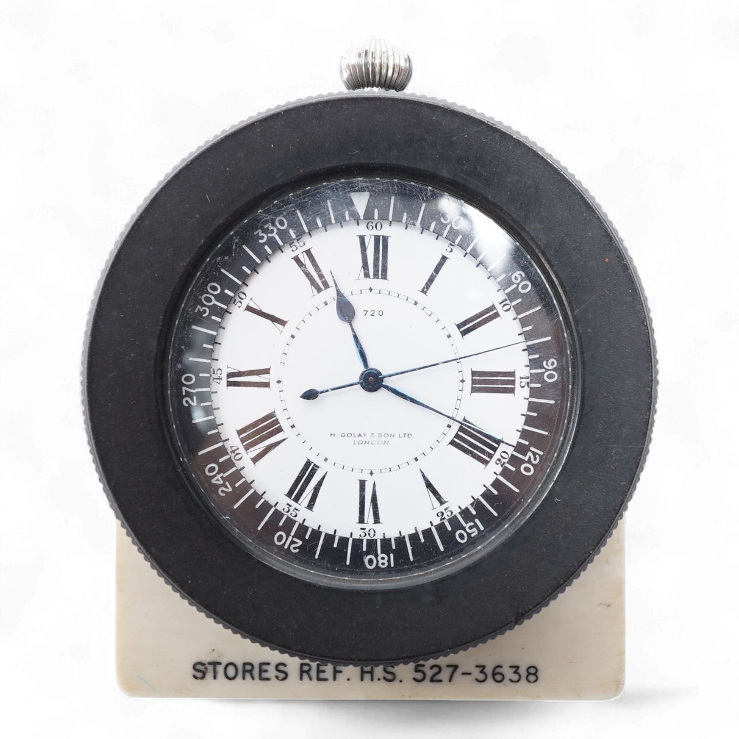 A WWII Fairley Swordfish cockpit pocket watch in a Bakelite outer case, signed to the dial H. Goley & Son Ltd., London, 720, and engraved to the reverse with broad arrow and HS.4, the case engraved with ‘Stores Ref. H.S.